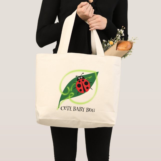 Cute Red ladybug Green Love Leaf girly kids Large Tote Bag (Front (Product))