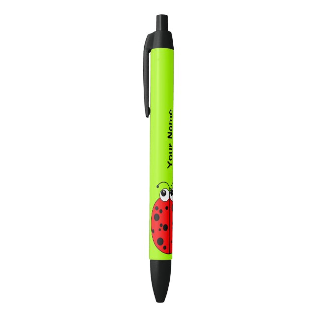Cute Red Ladybug on Green Personalised Black Ink Pen (Top (Vertical))