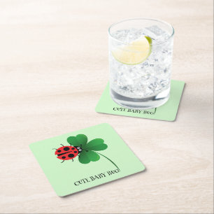 Cute red ladybug on Lucky leaf Kids  Square Paper Coaster