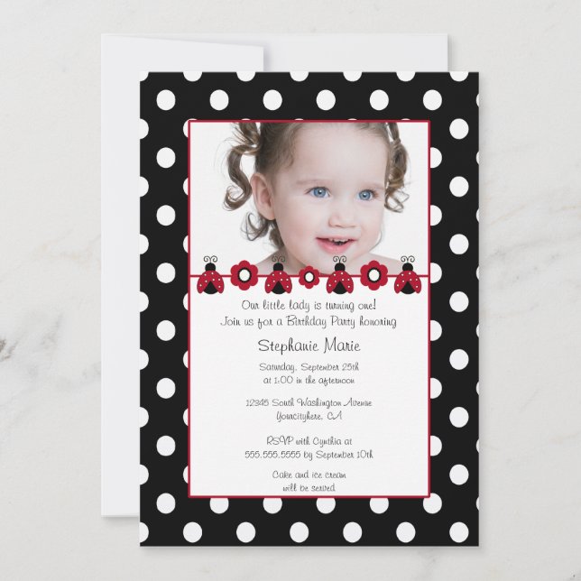 Cute red ladybug photo birthday party invitation (Front)