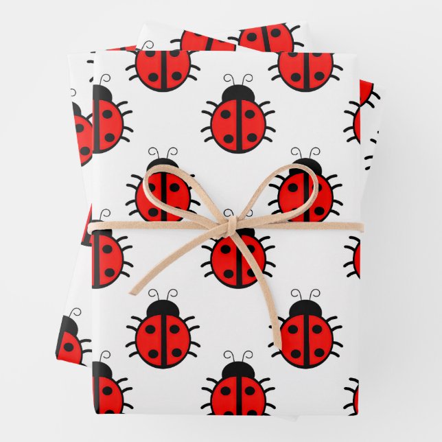 Cute Red Ladybugs Pattern and Cheerful Insect Wrapping Paper Sheet (In situ)