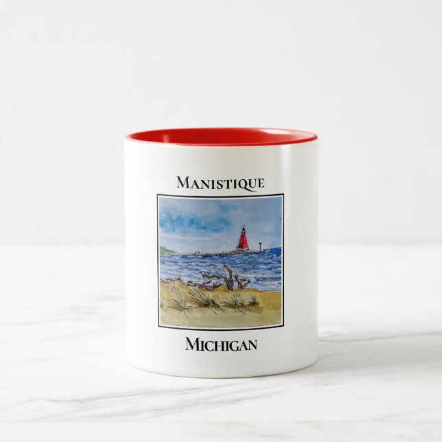 Cute Red Lighthouse, Manistique Michigan Two-Tone Coffee Mug (Center)