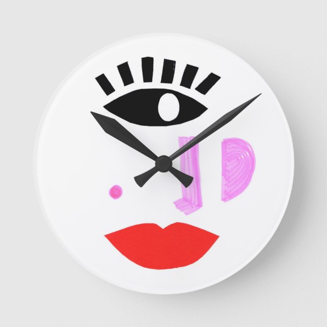 Cute Red Lips Face Modern Round Clock (Front)
