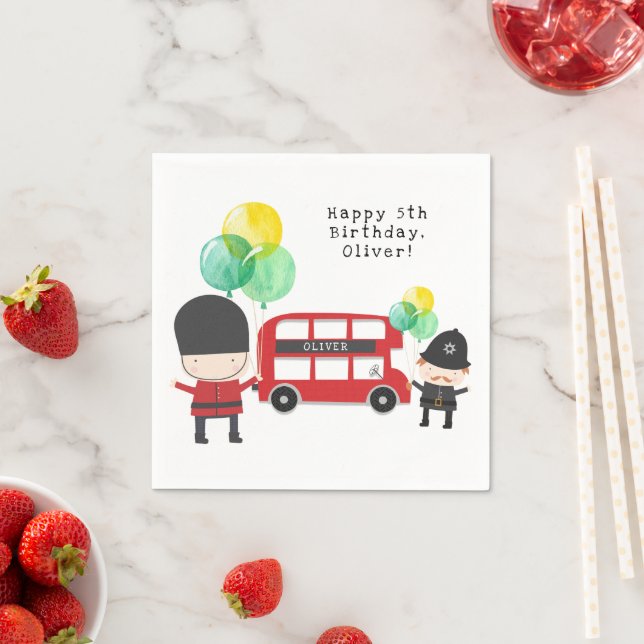 Cute Red London Bus Theme Kids Birthday Napkin (Insitu)