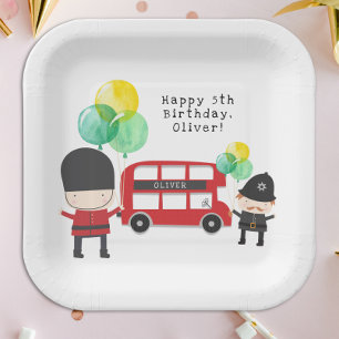 Cute Red London Bus Theme Kids Birthday Paper Plate