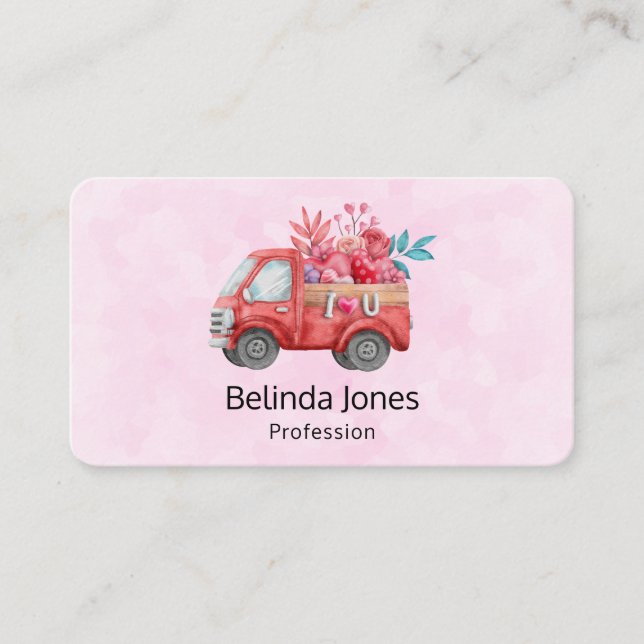 Cute Red Love Truck on Pink Background Business Card (Front)