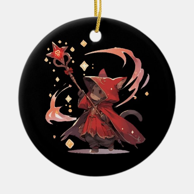 Cute Red Mage Cat Hero Ceramic Tree Decoration (Front)
