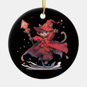Cute Red Mage Cat Hero Ceramic Tree Decoration