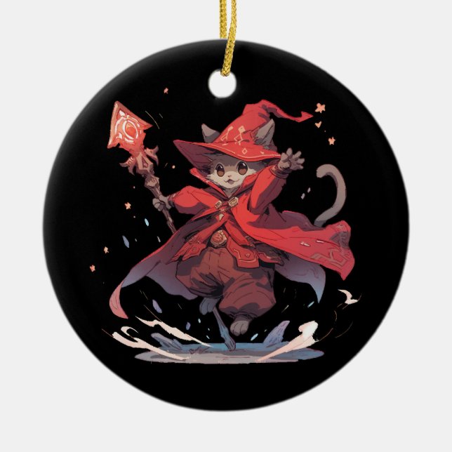 Cute Red Mage Cat Hero Ceramic Tree Decoration (Front)