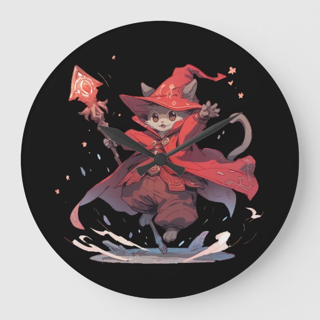 Cute Red Mage Cat Hero Large Clock (Front)