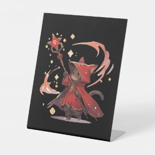 Cute Red Mage Cat Hero Pedestal Sign