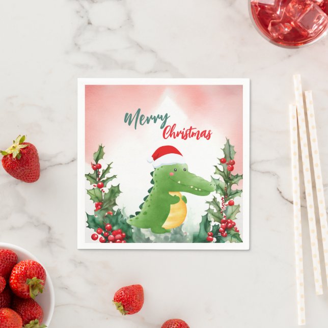 Cute Red Merry Christmas alligator Santa Xmas part Napkin (Insitu)