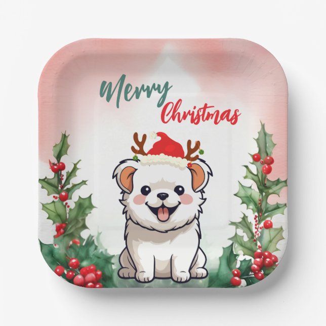 Cute Red Merry Christmas dog puppy Santa Xmas part Paper Plate (Front)