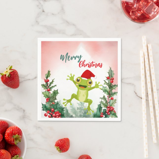 Cute Red Merry Christmas frog Santa Xmas party Napkin (Insitu)
