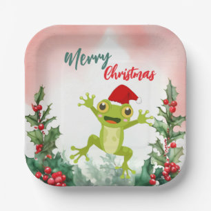 Cute Red Merry Christmas frog Santa Xmas party Paper Plate