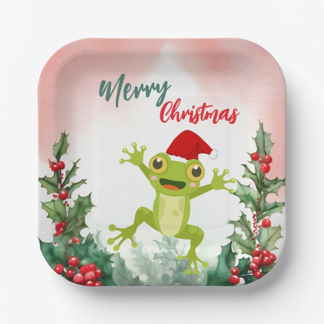 Cute Red Merry Christmas frog Santa Xmas party Paper Plate (Front)