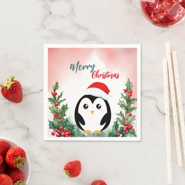 Cute Red Merry Christmas penguin Santa Xmas party Napkin (Insitu)