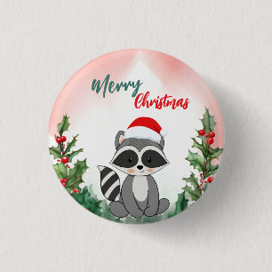 Cute Red Merry Christmas Racoon Santa Xmas party 3 Cm Round Badge