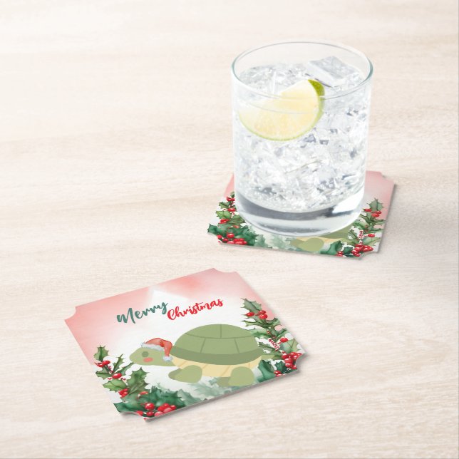 Cute Red Merry Christmas turtle Santa Xmas party Paper Coaster (Insitu)