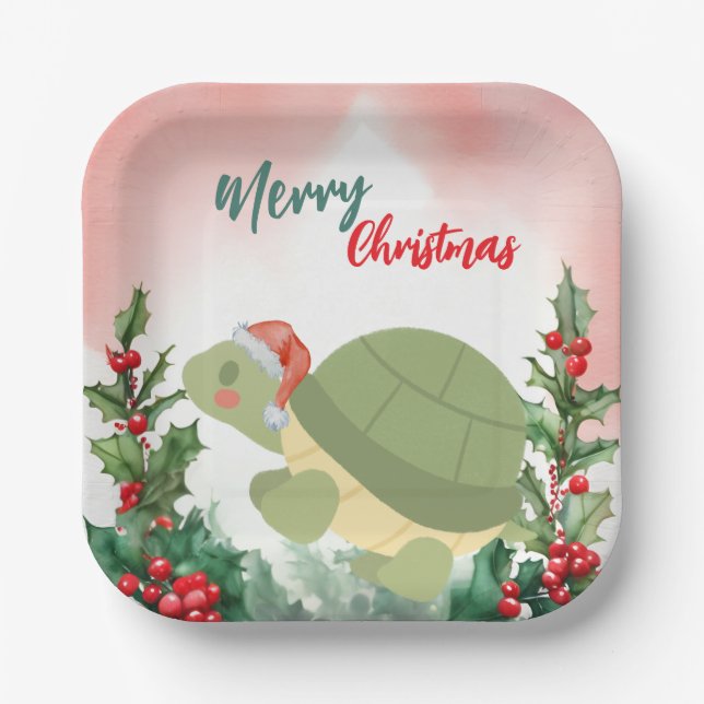 Cute Red Merry Christmas turtle Santa Xmas party Paper Plate (Front)