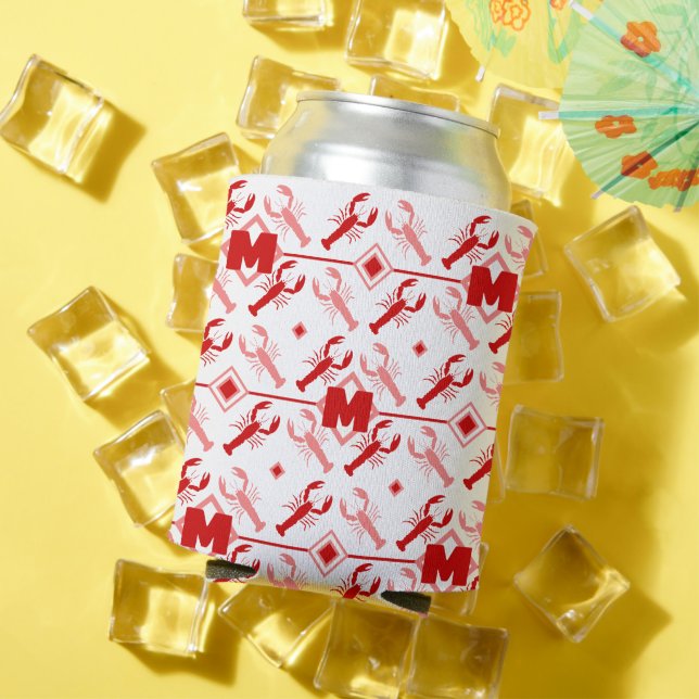 Cute Red Monogram & Lobster Season Nautical Can Cooler (In Situ Summer)
