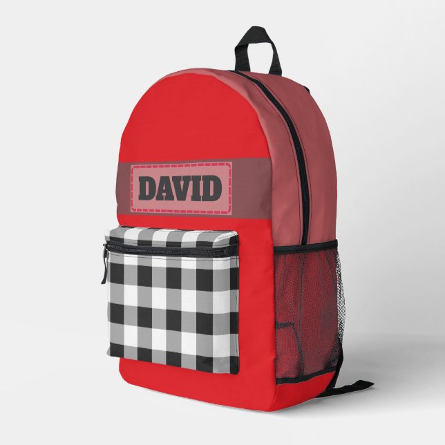 Cute Red Monogram Stitched Patch Buffalo Plaid Printed Backpack (Back Corner Right)