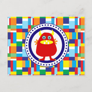 Cute Red Monster on Colourful Patchwork Blocks Postcard