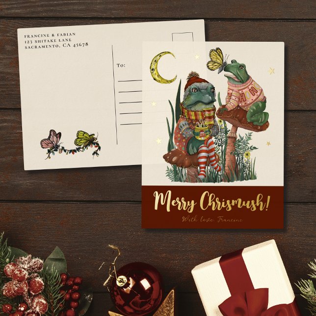 Cute Red Mushroom Frog and Toad Merry Christmas  F Foil Holiday Postcard (Red and real gold foil Christmas postcard with a whimsical illustration of frogs on mushrooms)