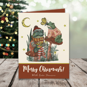 Cute Red Mushroom Frog and Toad Merry Christmas   Holiday Card