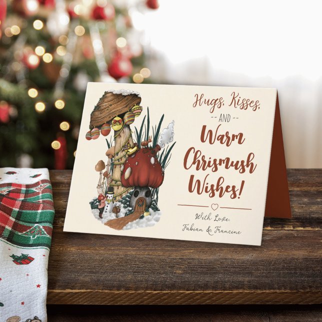 Cute Red Mushroom House Merry Christmas Card (Hugs kisses and warm christmas wishes mushroom pun holiday card.)