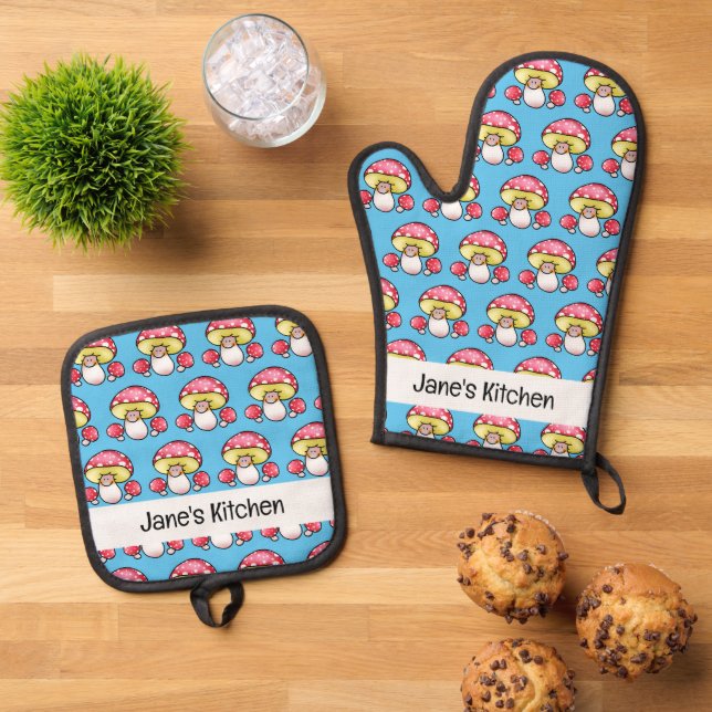 cute red mushroom (name) oven mitt & pot holder set (Top Down)