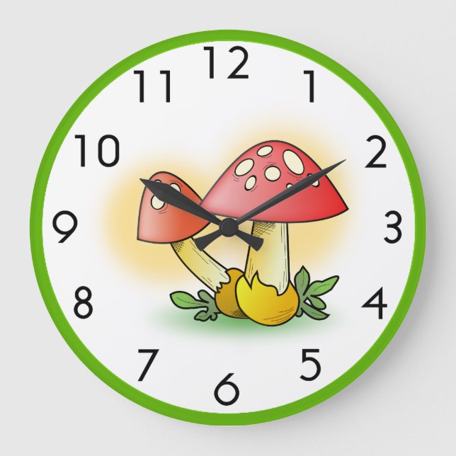 Cute Red Mushrooms White Polkadots Green Border Large Clock (Front)