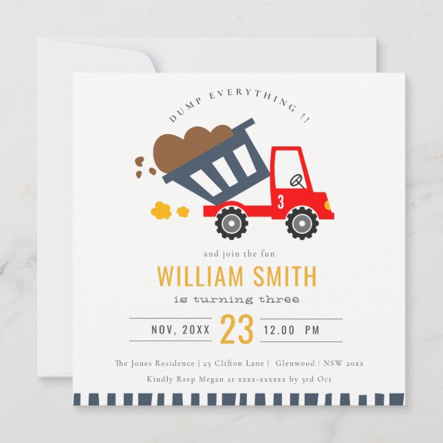 Cute Red Navy Dump Truck Kids Any Age Birthday Invitation (Front)