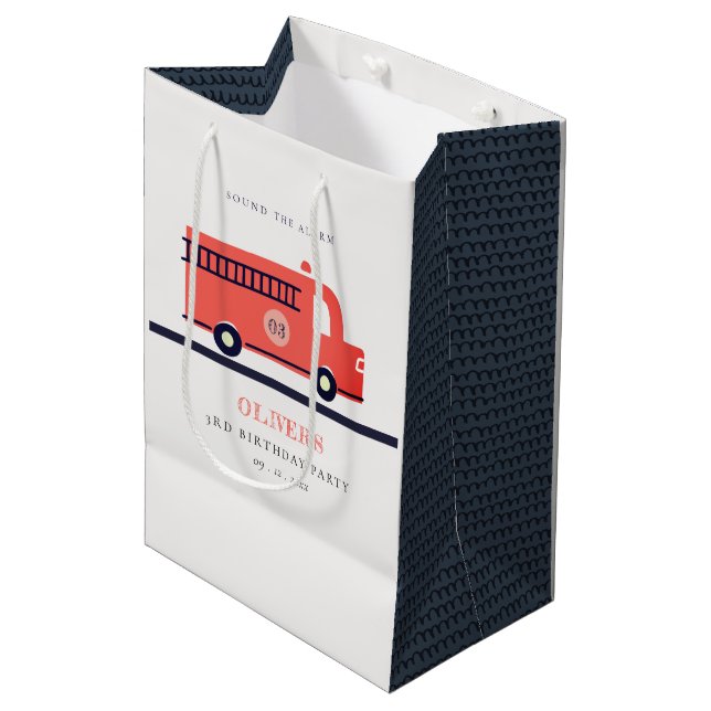 Cute Red Navy Fire Truck Engine Any Age Birthday Medium Gift Bag (Front Angled)