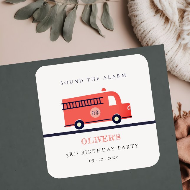 Cute Red Navy Fire Truck Engine Any Age Birthday Square Sticker (Creator Uploaded)