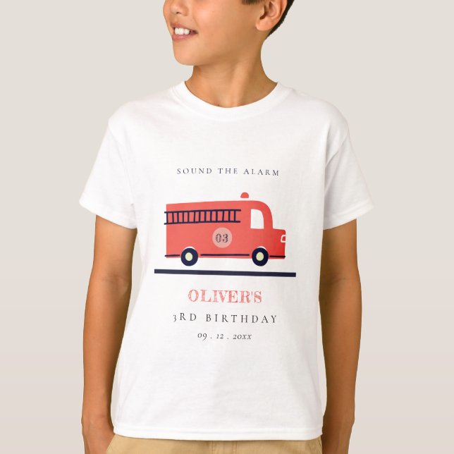 Cute Red Navy Fire Truck Engine Any Age Birthday T-Shirt (Front)