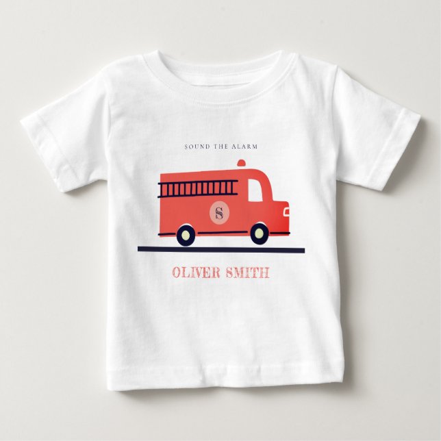 Cute Red Navy Fire Truck Engine Monogram Boys Baby T-Shirt (Front)