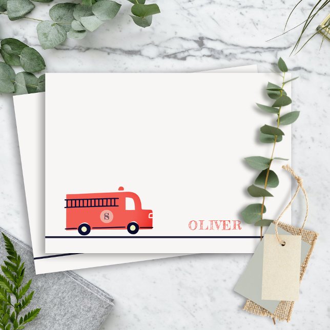 Cute Red Navy Fire Truck Engine Monogram Boys Card (Creator Uploaded)