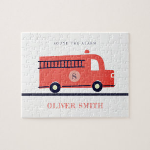 Cute Red Navy Fire Truck Engine Monogram Boys Jigsaw Puzzle