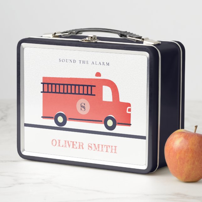 Cute Red Navy Fire Truck Engine Monogram Boys Metal Lunch Box (In Situ)