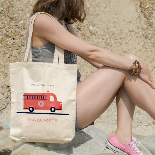 Cute Red Navy Fire Truck Engine Monogram Boys Tote Bag