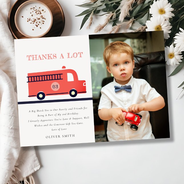 Cute Red Navy Fire Truck Photo Any Age Birthday Thank You Card (Creator Uploaded)