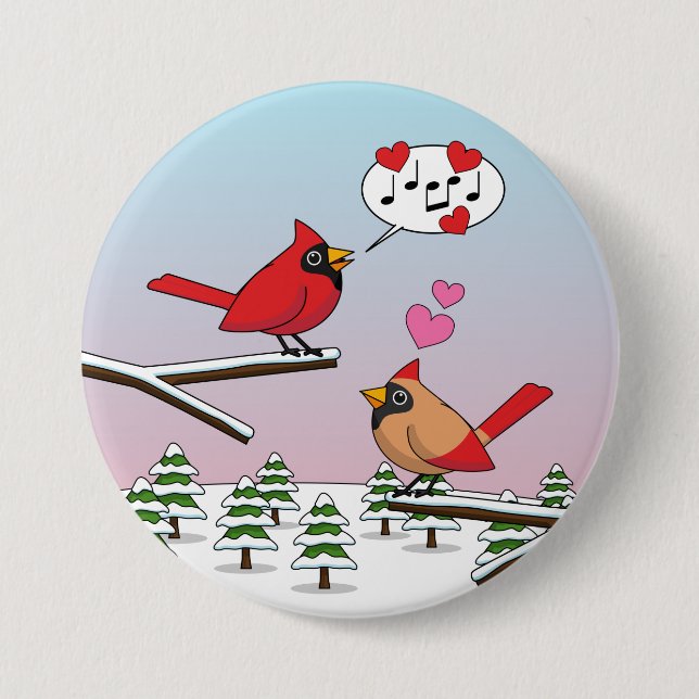 Cute Red Northern Cardinals Love Winter Landscape 7.5 Cm Round Badge (Front)