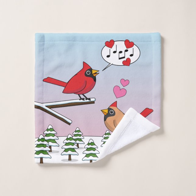 Cute Red Northern Cardinals Love Winter Landscape Bath Towel Set (Wash Cloth)