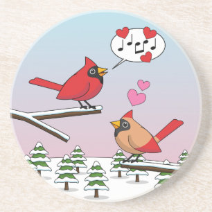 Cute Red Northern Cardinals Love Winter Landscape Coaster