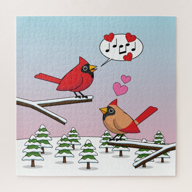 Cute Red Northern Cardinals Love Winter Landscape Jigsaw Puzzle (Vertical)