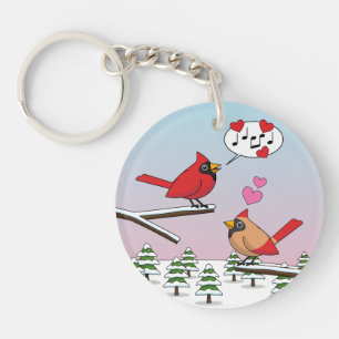 Cute Red Northern Cardinals Love Winter Landscape Key Ring