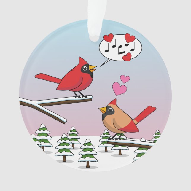 Cute Red Northern Cardinals Love Winter Landscape Ornament (Front)
