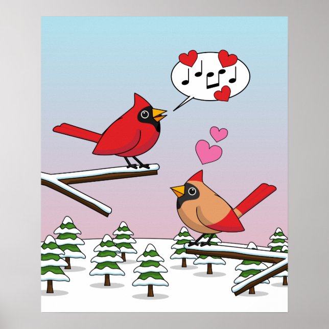 Cute Red Northern Cardinals Love Winter Landscape Poster (Front)