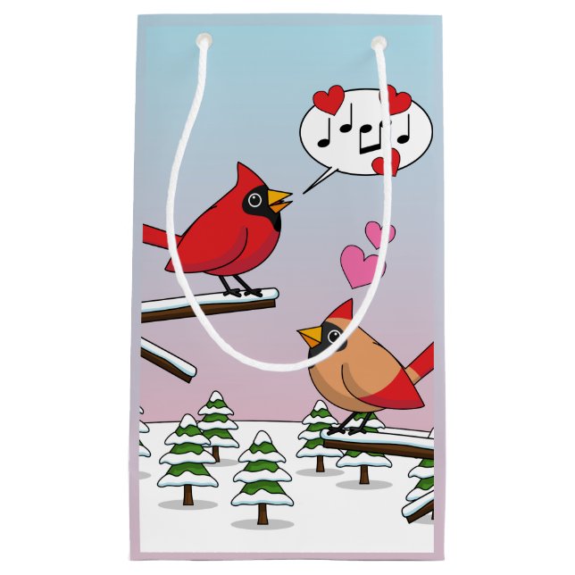 Cute Red Northern Cardinals Love Winter Landscape Small Gift Bag (Front)
